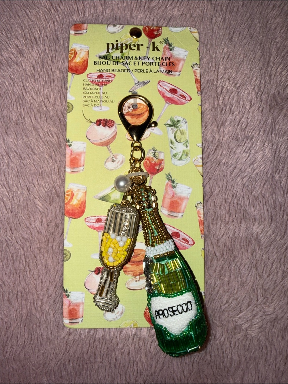 🍾 Piper K Prosecco Bottle & Glass Beaded Bag Charm Key Chain - Green/Gold
